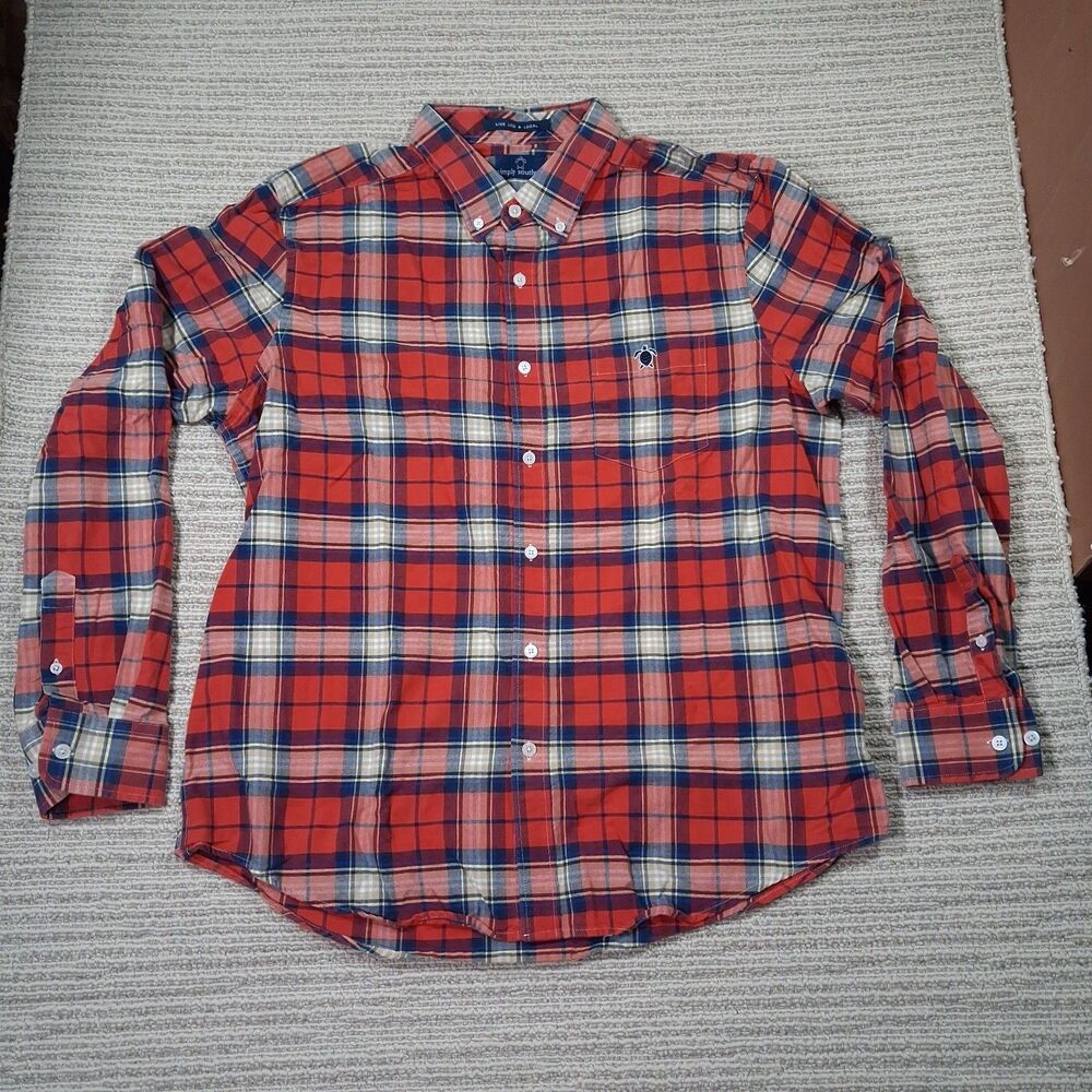 SIMPLY SOUTHERN SHIRT LARGE MEN RED BLUE PLAID LONG SLEEVE BUTTON UP COTTON POCK